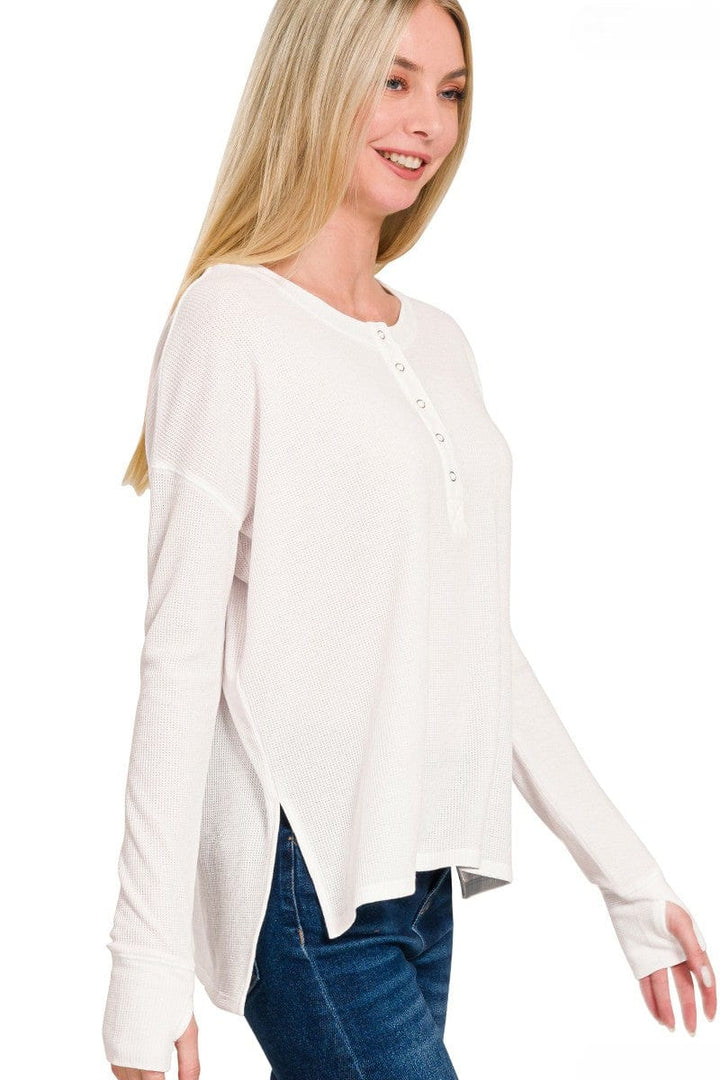 Zenana Waffle Thumb Hole Cuffs Long Sleeve Hi-Low Henley Tee