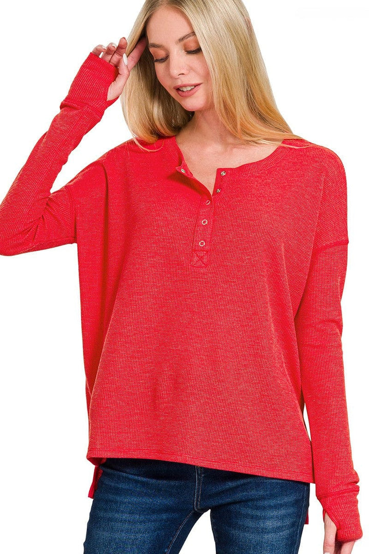 Zenana Waffle Thumb Hole Cuffs Long Sleeve Hi-Low Henley Tee