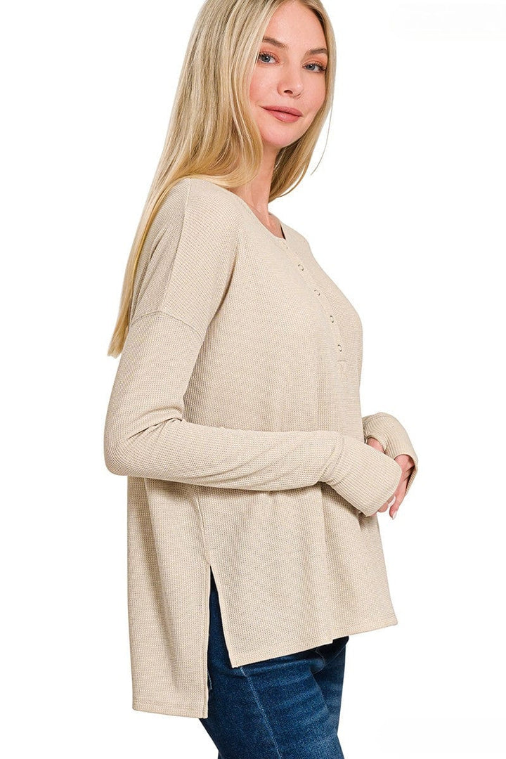 Zenana Waffle Thumb Hole Cuffs Long Sleeve Hi-Low Henley Tee