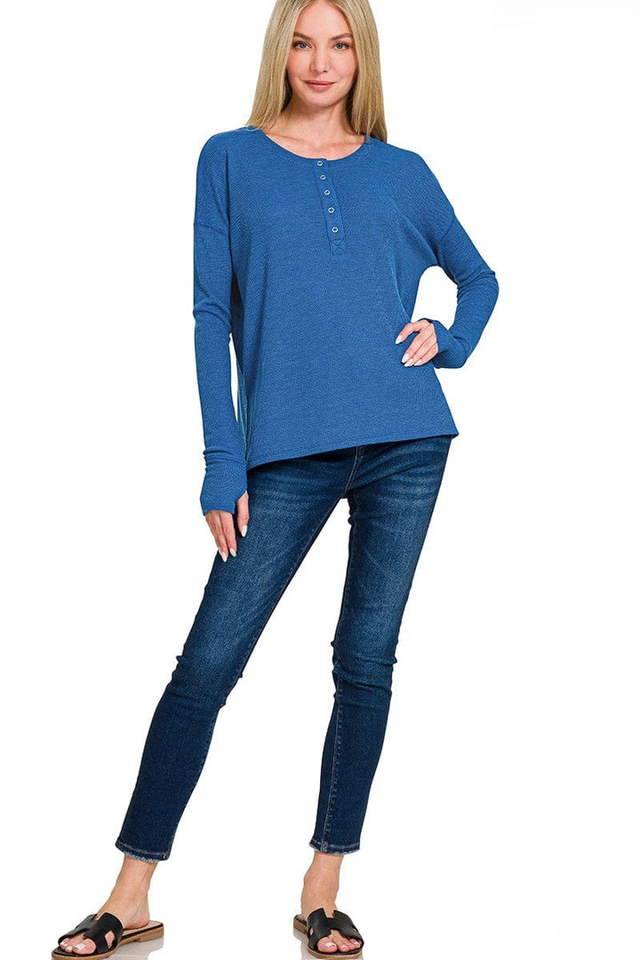 Zenana Waffle Thumb Hole Cuffs Long Sleeve Hi-Low Henley Tee