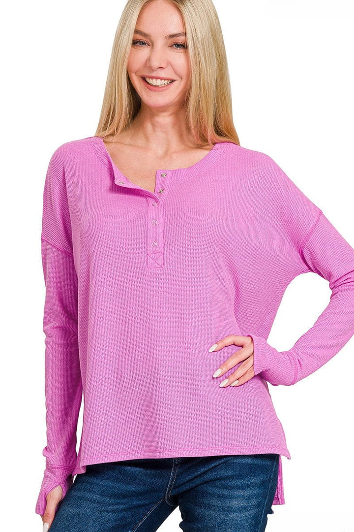 Zenana Waffle Thumb Hole Cuffs Long Sleeve Hi-Low Henley Tee