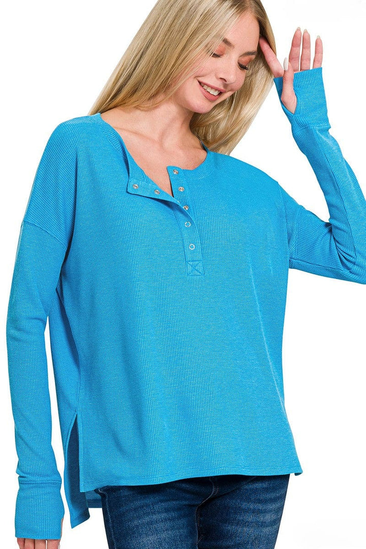 Zenana Waffle Thumb Hole Cuffs Long Sleeve Hi-Low Henley Tee