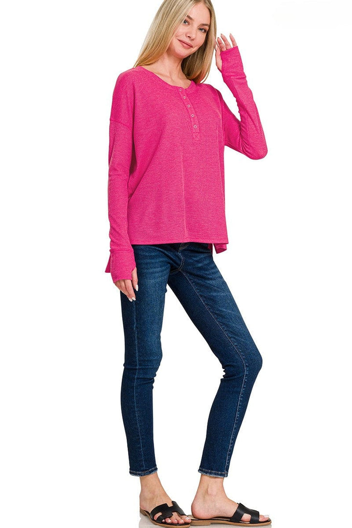 Zenana Waffle Thumb Hole Cuffs Long Sleeve Hi-Low Henley Tee