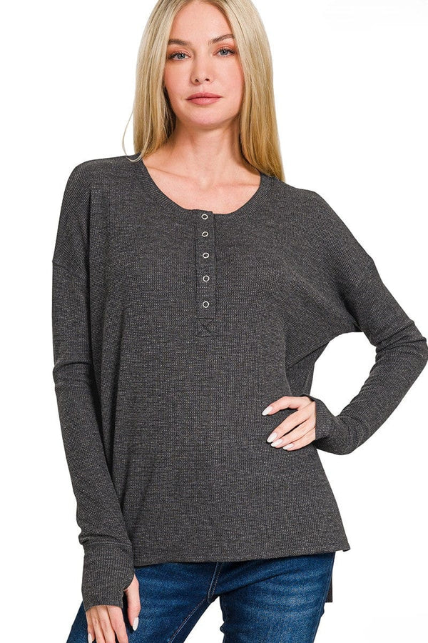 Zenana Waffle Thumb Hole Cuffs Long Sleeve Hi-Low Henley Tee