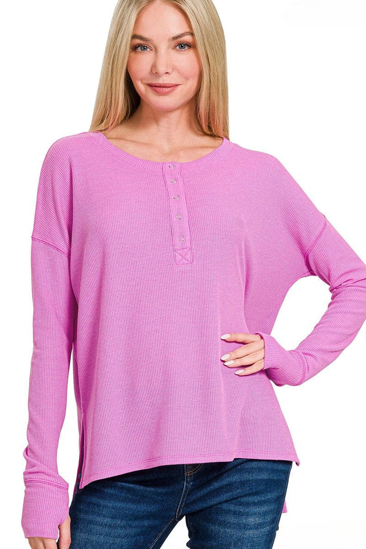 Zenana Waffle Thumb Hole Cuffs Long Sleeve Hi-Low Henley Tee