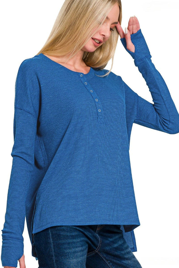 Zenana Waffle Thumb Hole Cuffs Long Sleeve Hi-Low Henley Tee