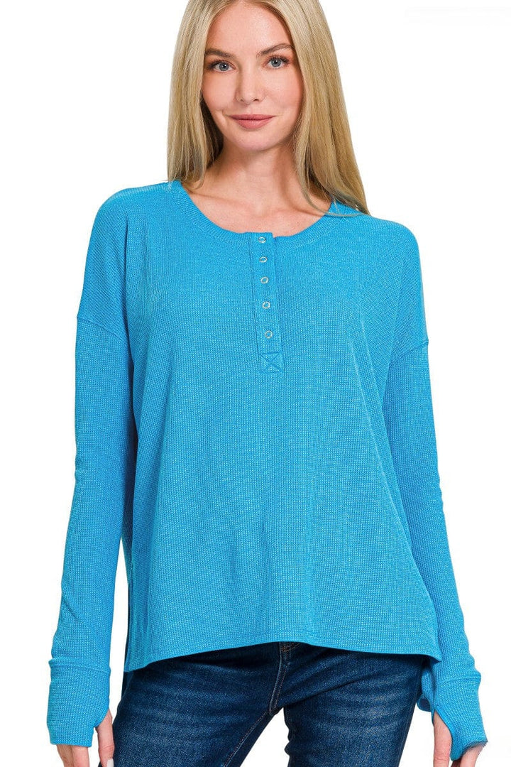 Zenana Waffle Thumb Hole Cuffs Long Sleeve Hi-Low Henley Tee