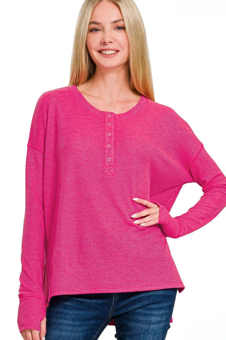 Zenana Waffle Thumb Hole Cuffs Long Sleeve Hi-Low Henley Tee