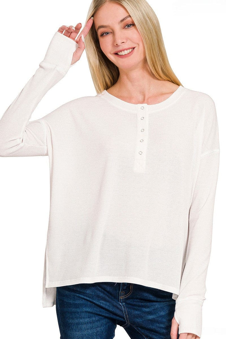 Zenana Waffle Thumb Hole Cuffs Long Sleeve Hi-Low Henley Tee