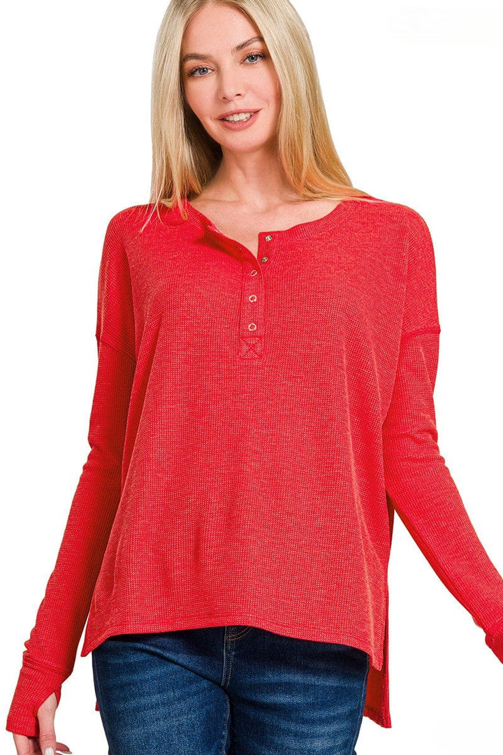 Zenana Waffle Thumb Hole Cuffs Long Sleeve Hi-Low Henley Tee