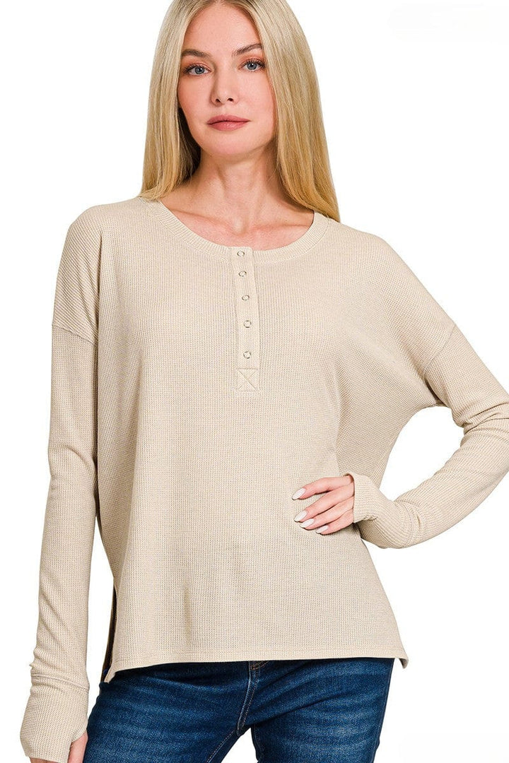 Zenana Waffle Thumb Hole Cuffs Long Sleeve Hi-Low Henley Tee