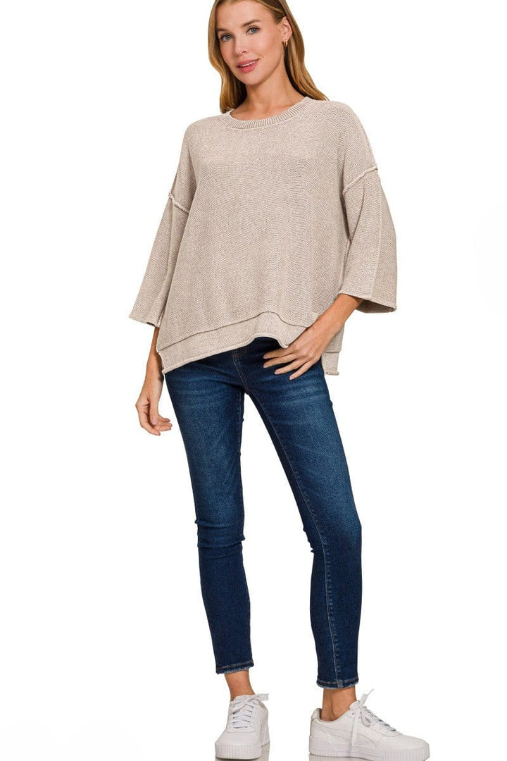 Zenana Washed 3/4 Sleeve Out Seam Boxy Fit Sweater