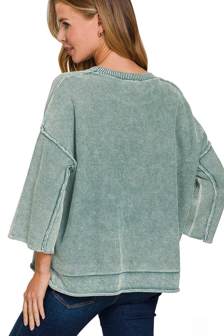 Zenana Washed 3/4 Sleeve Out Seam Boxy Fit Sweater