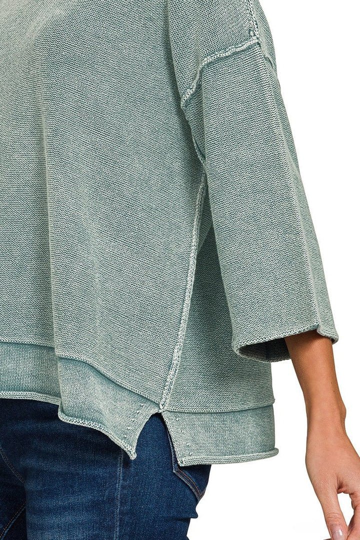 Zenana Washed 3/4 Sleeve Out Seam Boxy Fit Sweater