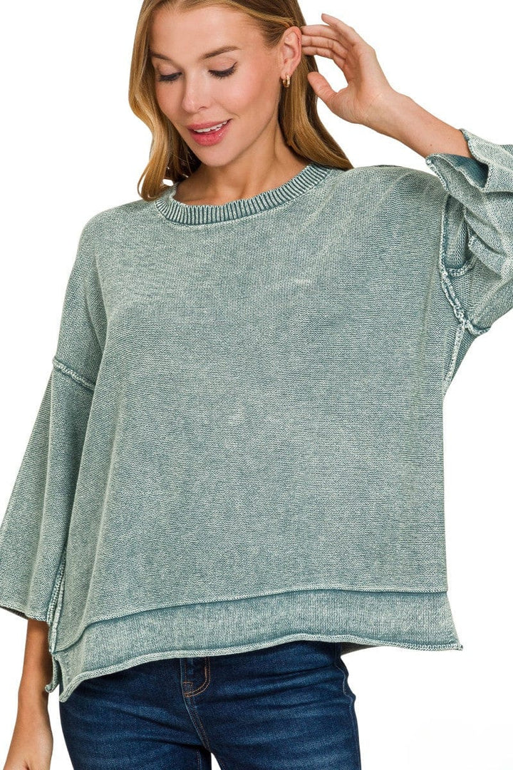 Zenana Washed 3/4 Sleeve Out Seam Boxy Fit Sweater