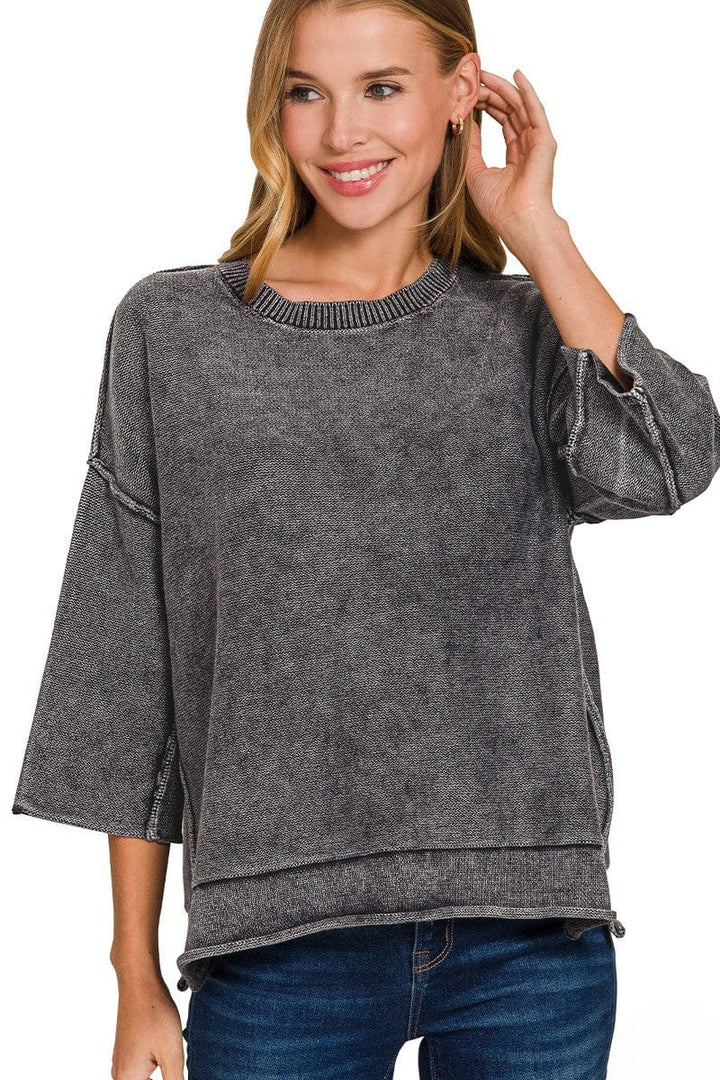 Zenana Washed 3/4 Sleeve Out Seam Boxy Fit Sweater