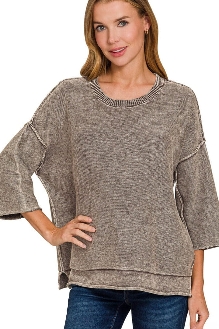 Zenana Washed 3/4 Sleeve Out Seam Boxy Fit Sweater