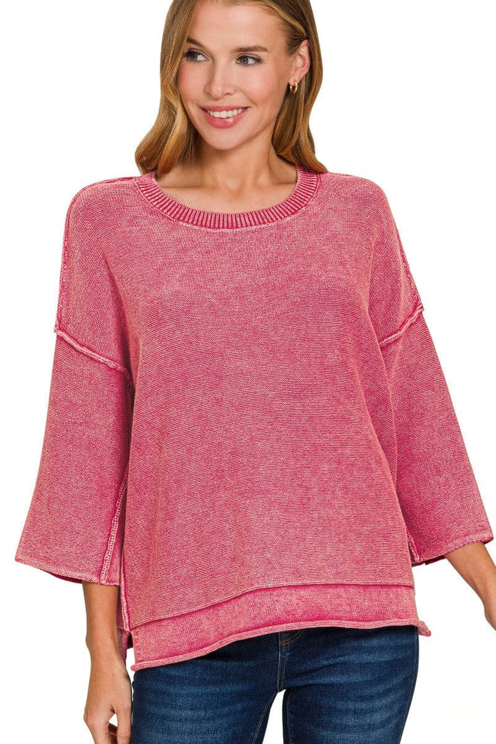 Zenana Washed 3/4 Sleeve Out Seam Boxy Fit Sweater