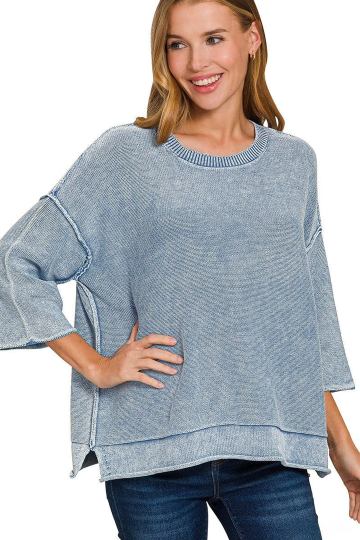 Zenana Washed 3/4 Sleeve Out Seam Boxy Fit Sweater