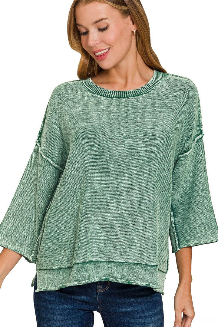 Zenana Washed 3/4 Sleeve Out Seam Boxy Fit Sweater