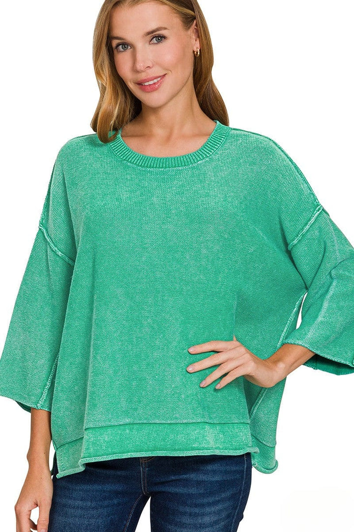 Zenana Washed 3/4 Sleeve Out Seam Boxy Fit Sweater