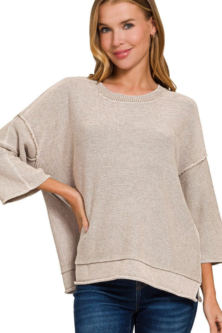Zenana Washed 3/4 Sleeve Out Seam Boxy Fit Sweater