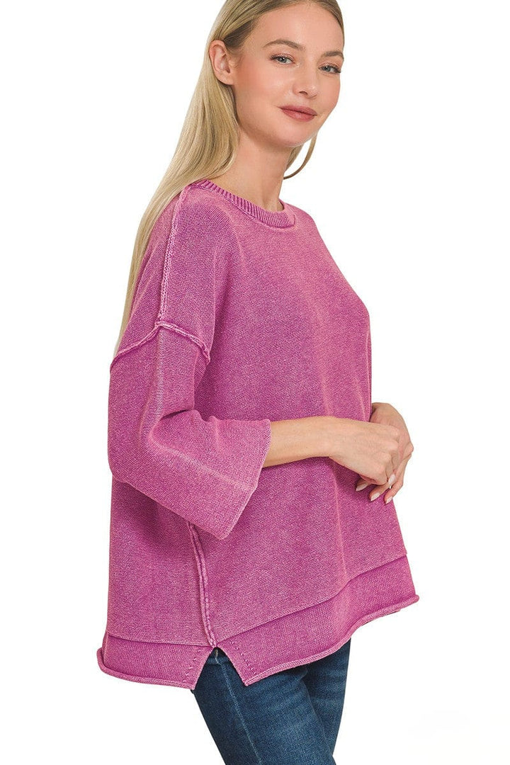 Zenana Washed 3/4 Sleeve Out Seam Boxy Fit Sweater