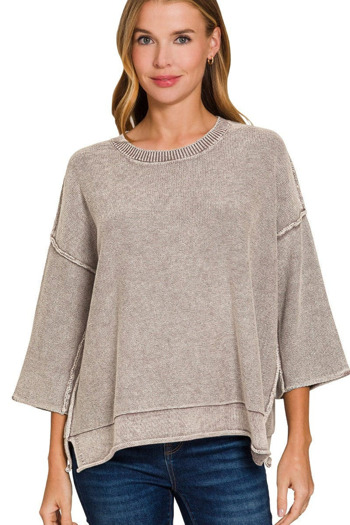 Zenana Washed 3/4 Sleeve Out Seam Boxy Fit Sweater