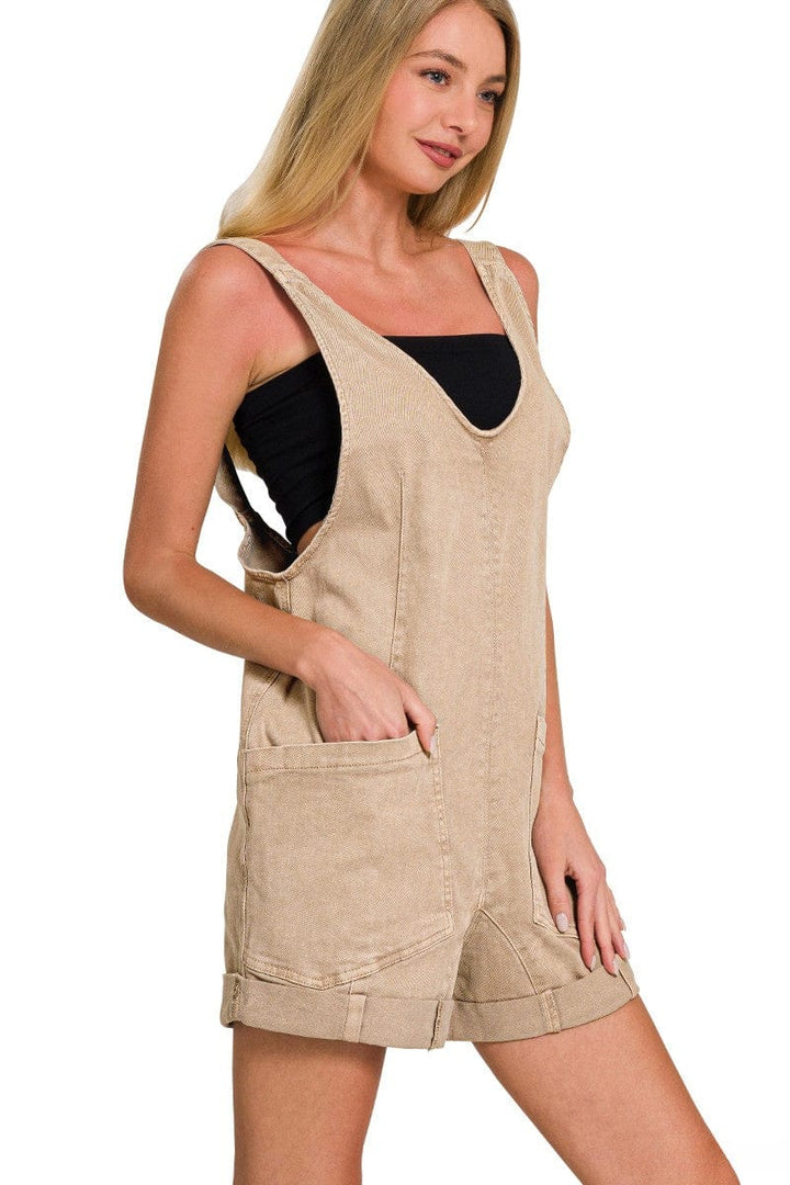 Zenana Washed Adjustable Strap Denim Romper with Front Pockets