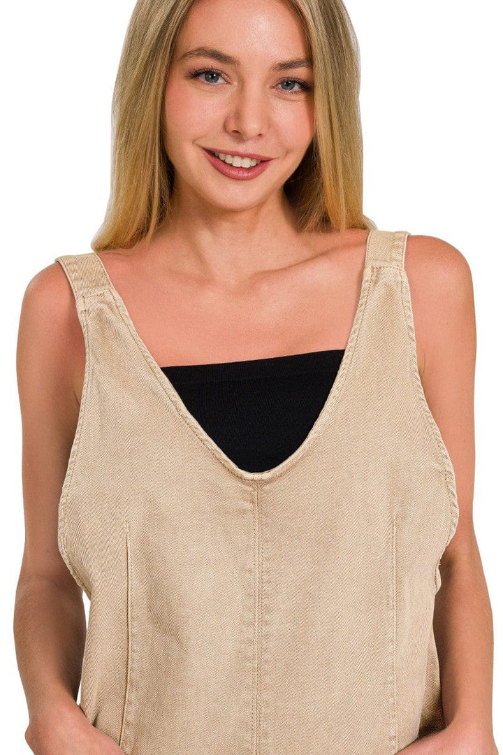 Zenana Washed Adjustable Strap Denim Romper with Front Pockets