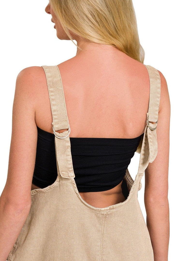 Zenana Washed Adjustable Strap Denim Romper with Front Pockets