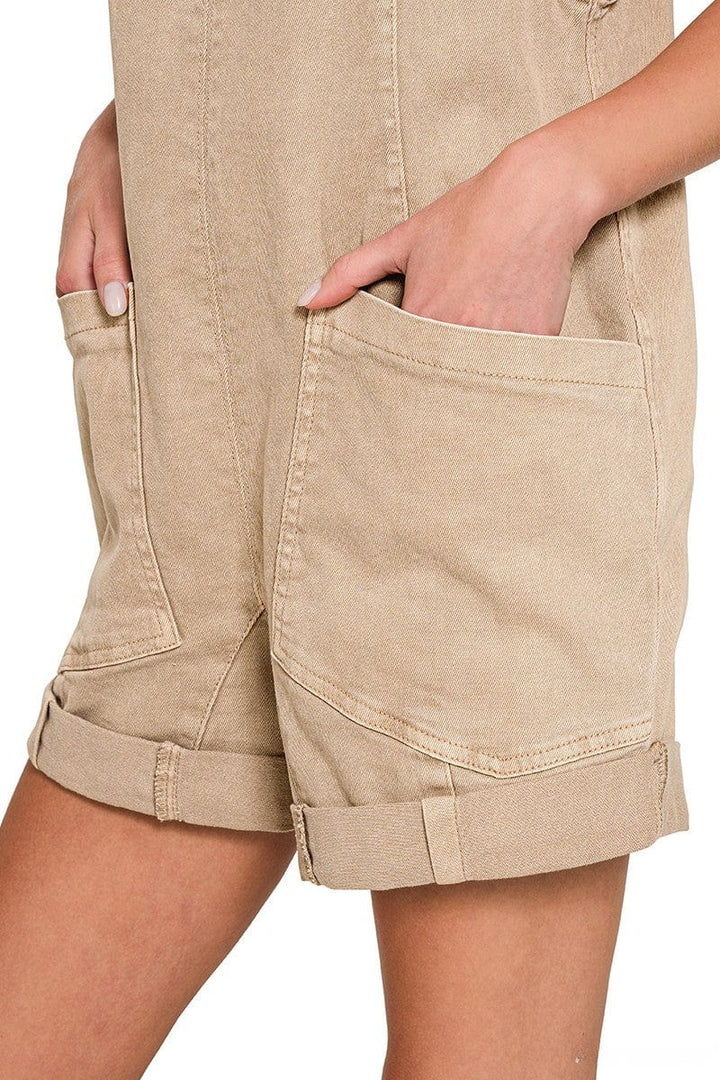 Zenana Washed Adjustable Strap Denim Romper with Front Pockets