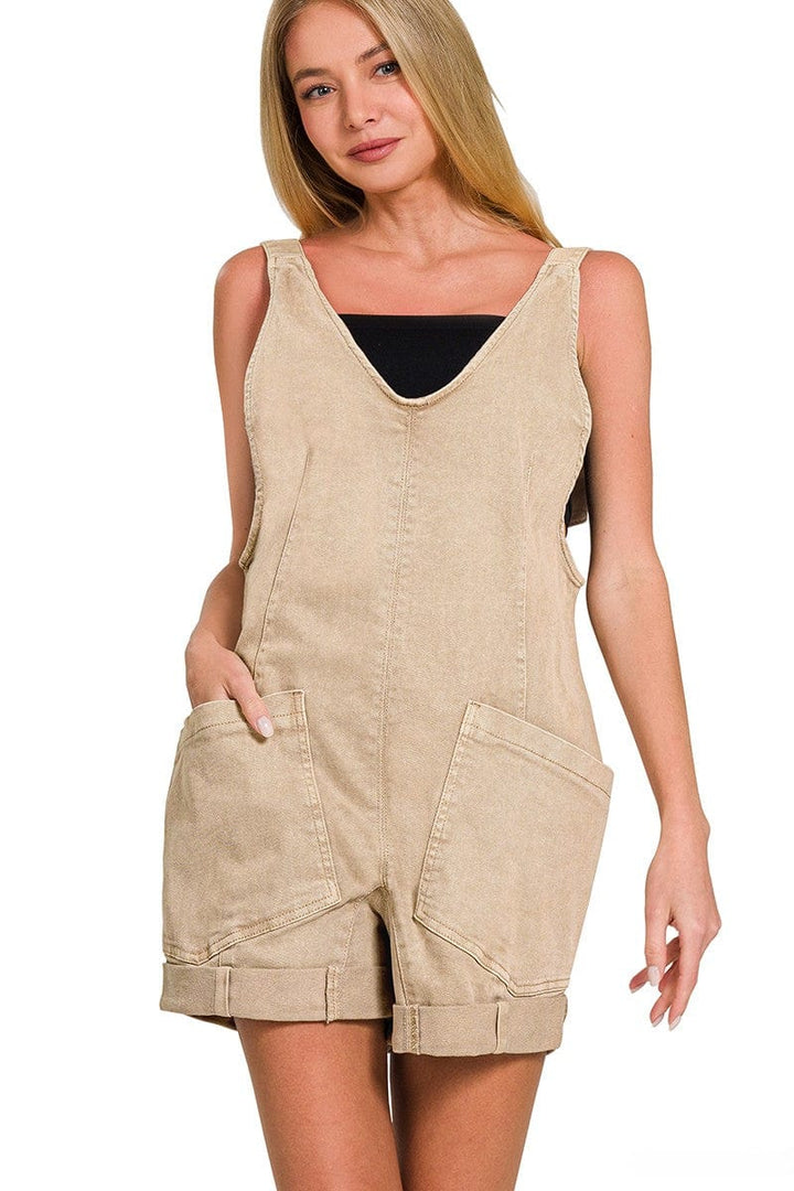 Zenana Washed Adjustable Strap Denim Romper with Front Pockets