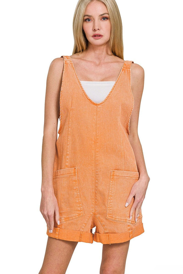 Zenana Washed Adjustable Strap Denim Romper with Front Pockets