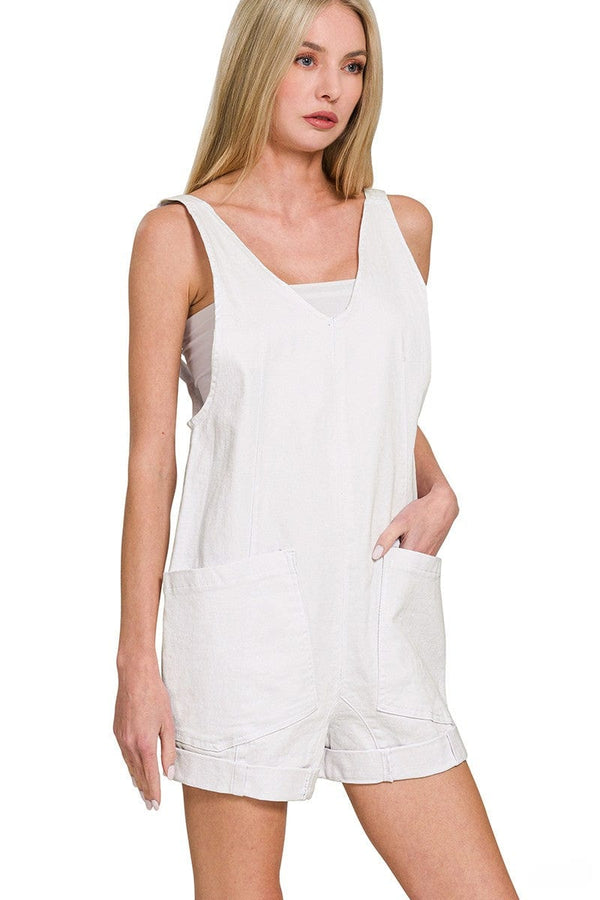 Zenana Washed Adjustable Strap Denim Romper with Front Pockets