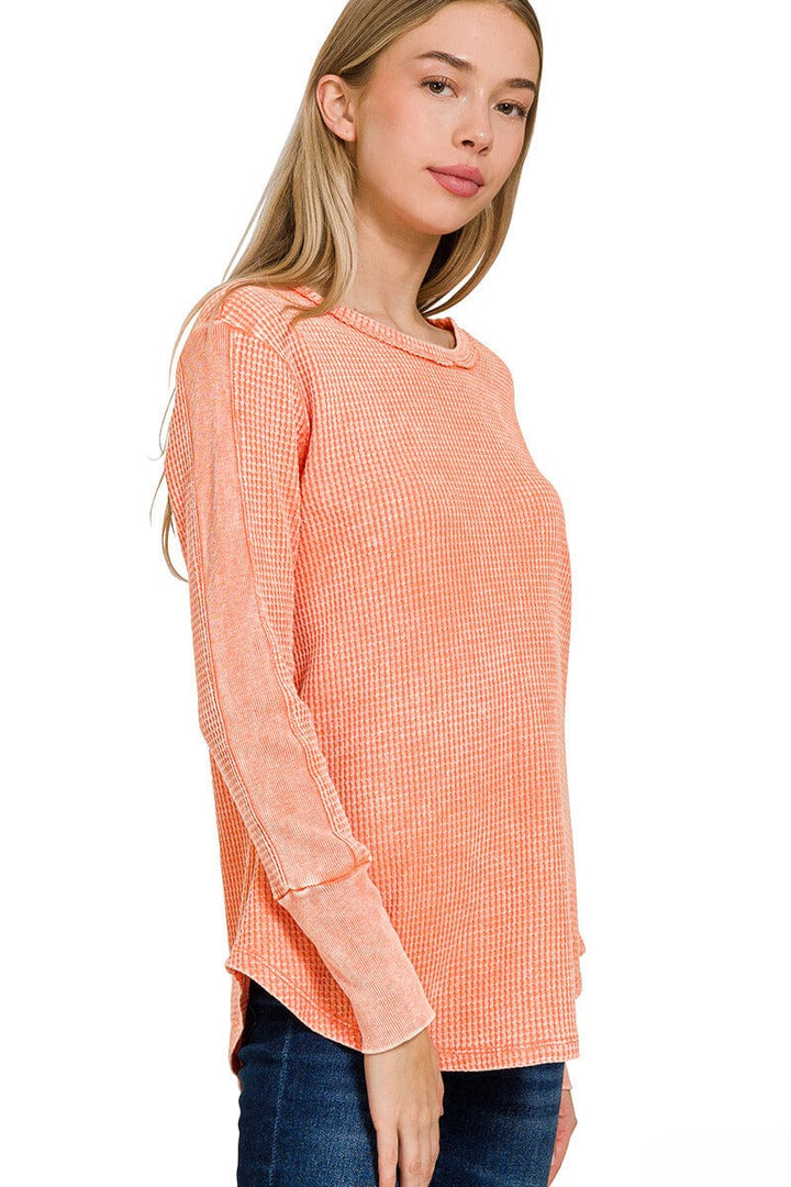 Zenana Washed Baby Waffle Long Sleeve Top