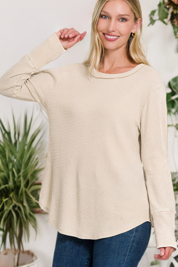 Zenana Washed Baby Waffle Long Sleeve Top