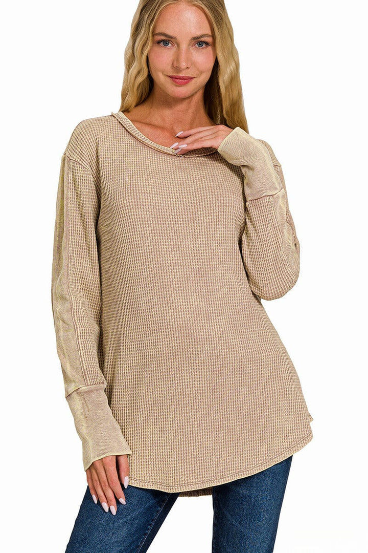 Zenana Washed Baby Waffle Long Sleeve Top