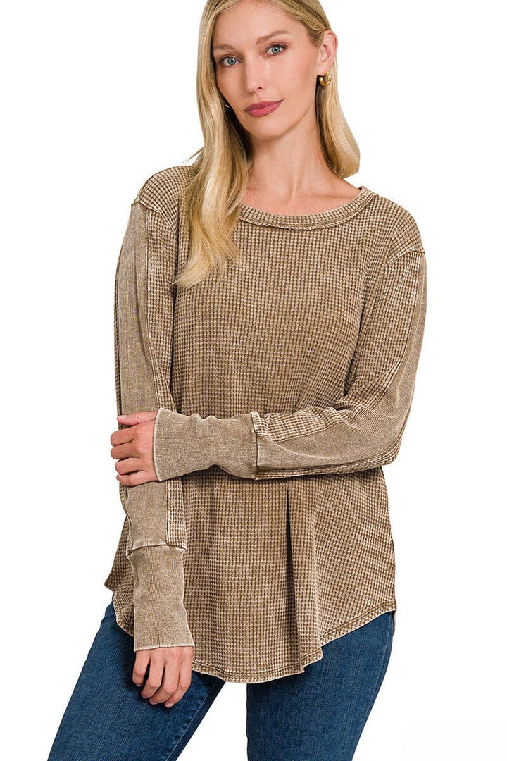 Zenana Washed Baby Waffle Long Sleeve Top