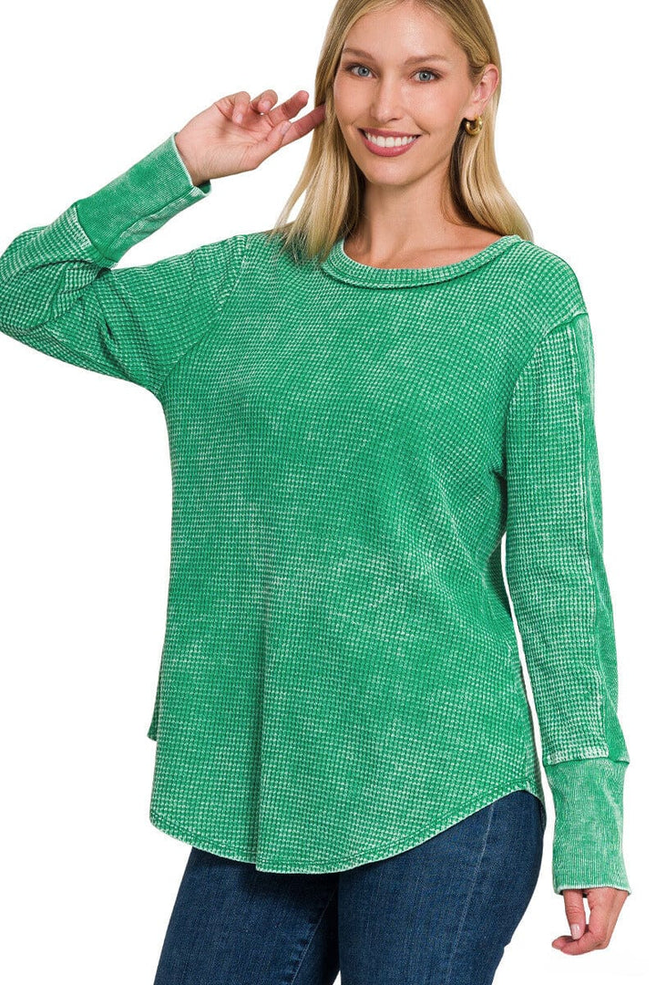 Zenana Washed Baby Waffle Long Sleeve Top