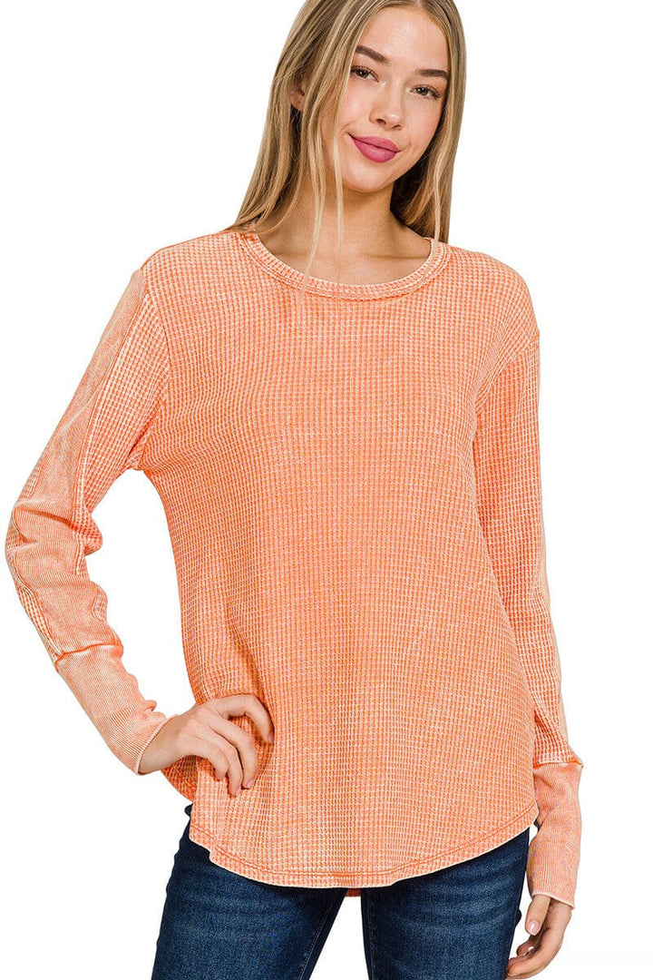 Zenana Washed Baby Waffle Long Sleeve Top