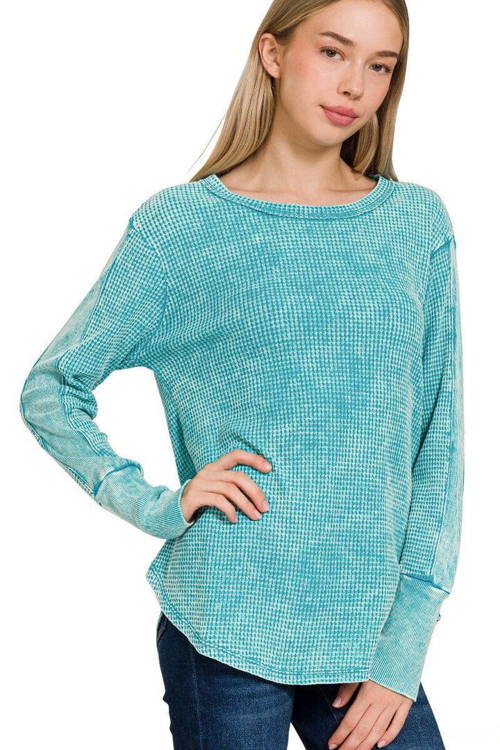 Zenana Washed Baby Waffle Long Sleeve Top