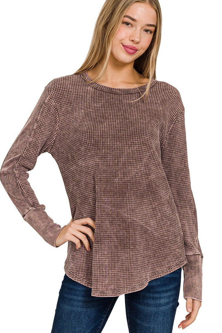 Zenana Washed Baby Waffle Long Sleeve Top