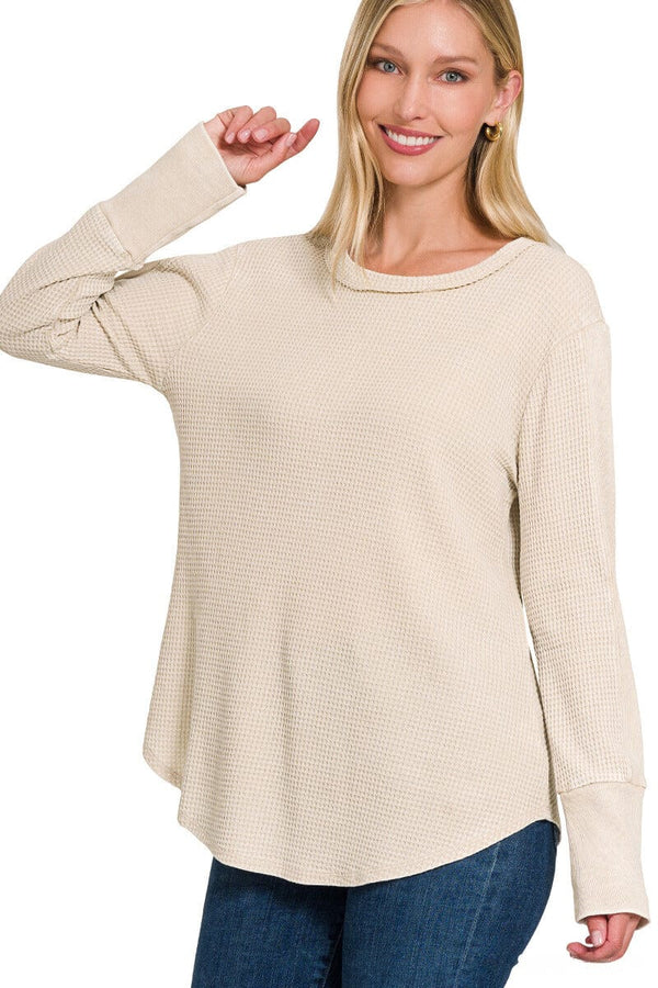 Zenana Washed Baby Waffle Long Sleeve Top