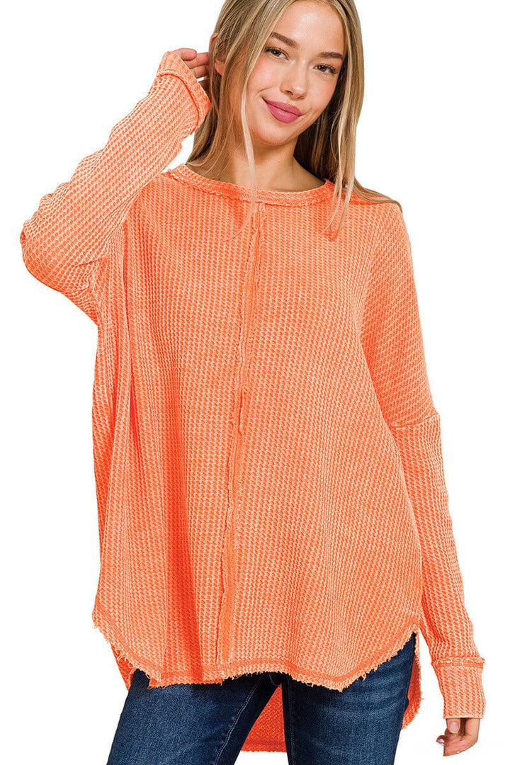 Zenana Washed Baby Waffle Oversized Long Sleeve Top