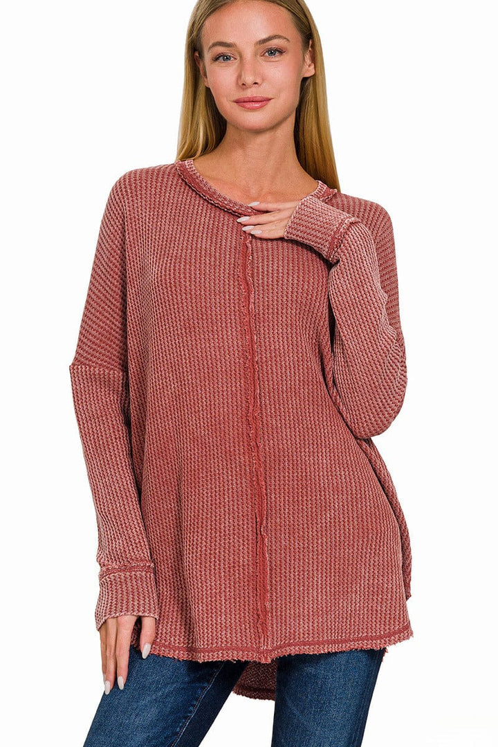 Zenana Washed Baby Waffle Oversized Long Sleeve Top