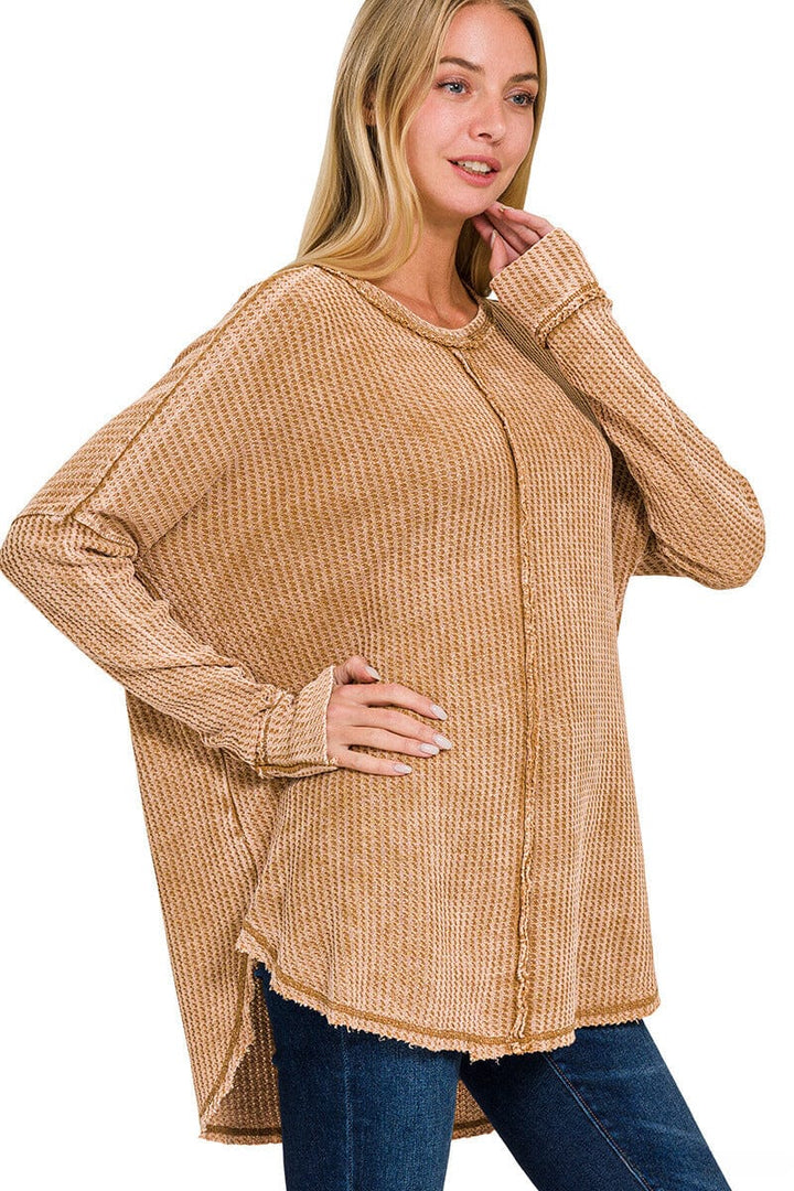 Zenana Washed Baby Waffle Oversized Long Sleeve Top