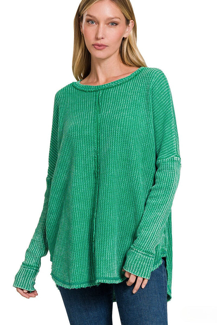 Zenana Washed Baby Waffle Oversized Long Sleeve Top