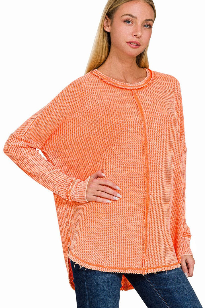 Zenana Washed Baby Waffle Oversized Long Sleeve Top