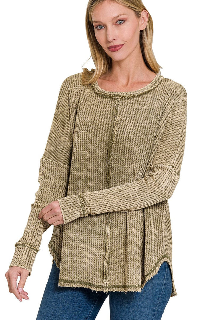Zenana Washed Baby Waffle Oversized Long Sleeve Top